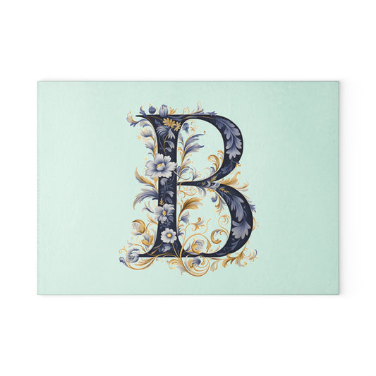Monogram B Glass Cutting Board – Floral Vintage Initials Decorative Kitchen Pastry Board