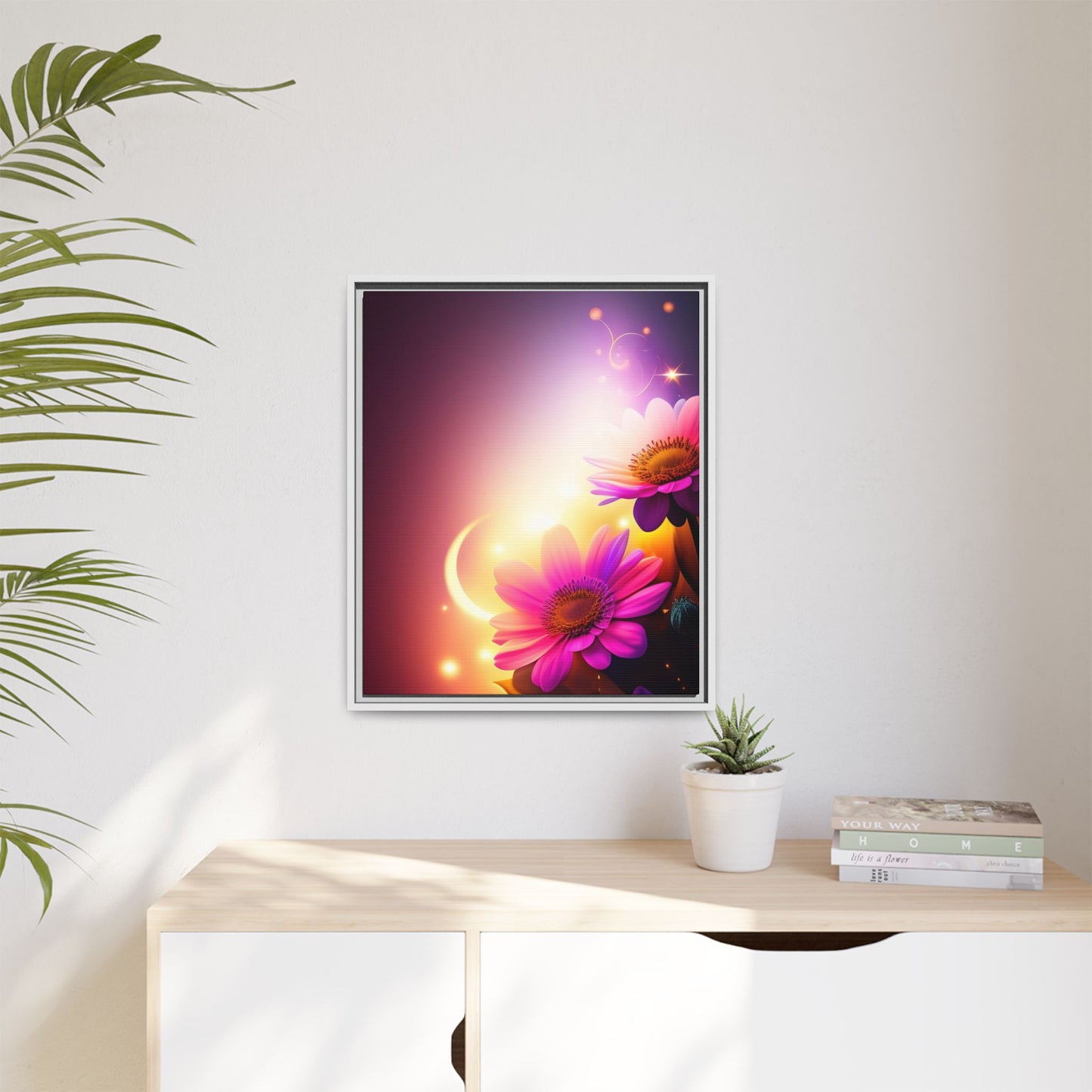 Framed Floral Canvas Art — Pink Daisies Sunset Wall Print