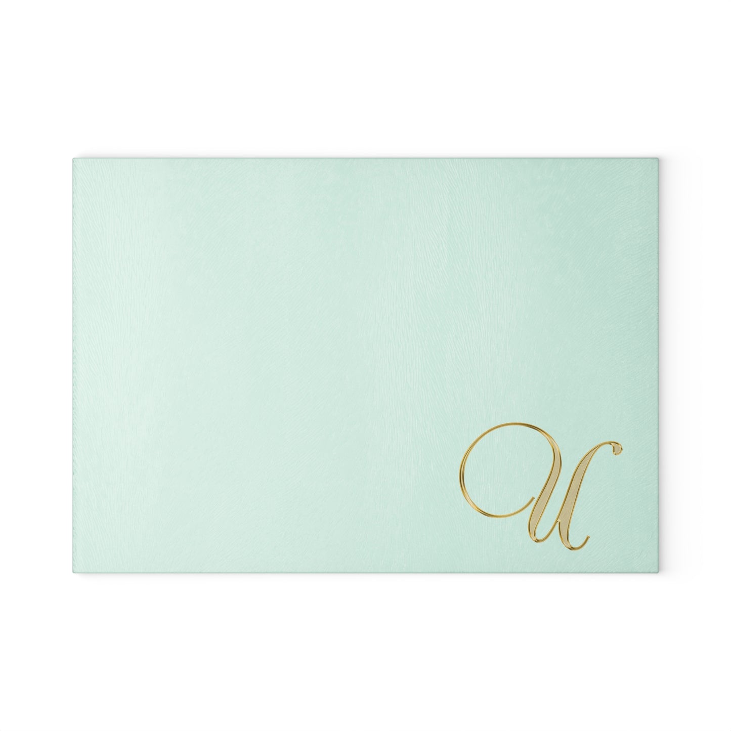 Monogram Glass Cutting Board – Mint Aqua with Gold Script Letter U