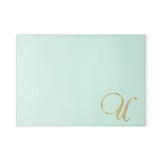 Monogram Glass Cutting Board – Mint Aqua with Gold Script Letter U