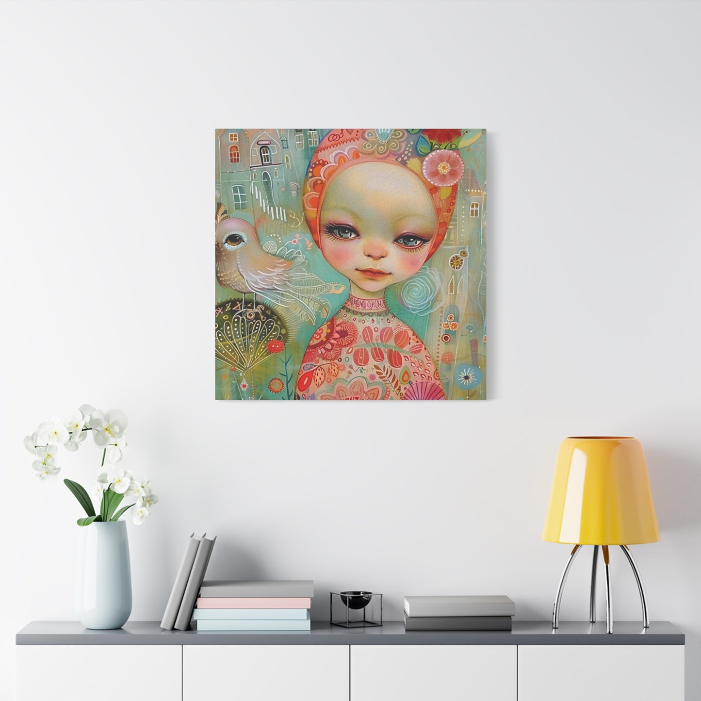 Whimsical Girl & Bird Matte Canvas Wall Art — Stretched Decorative Painting