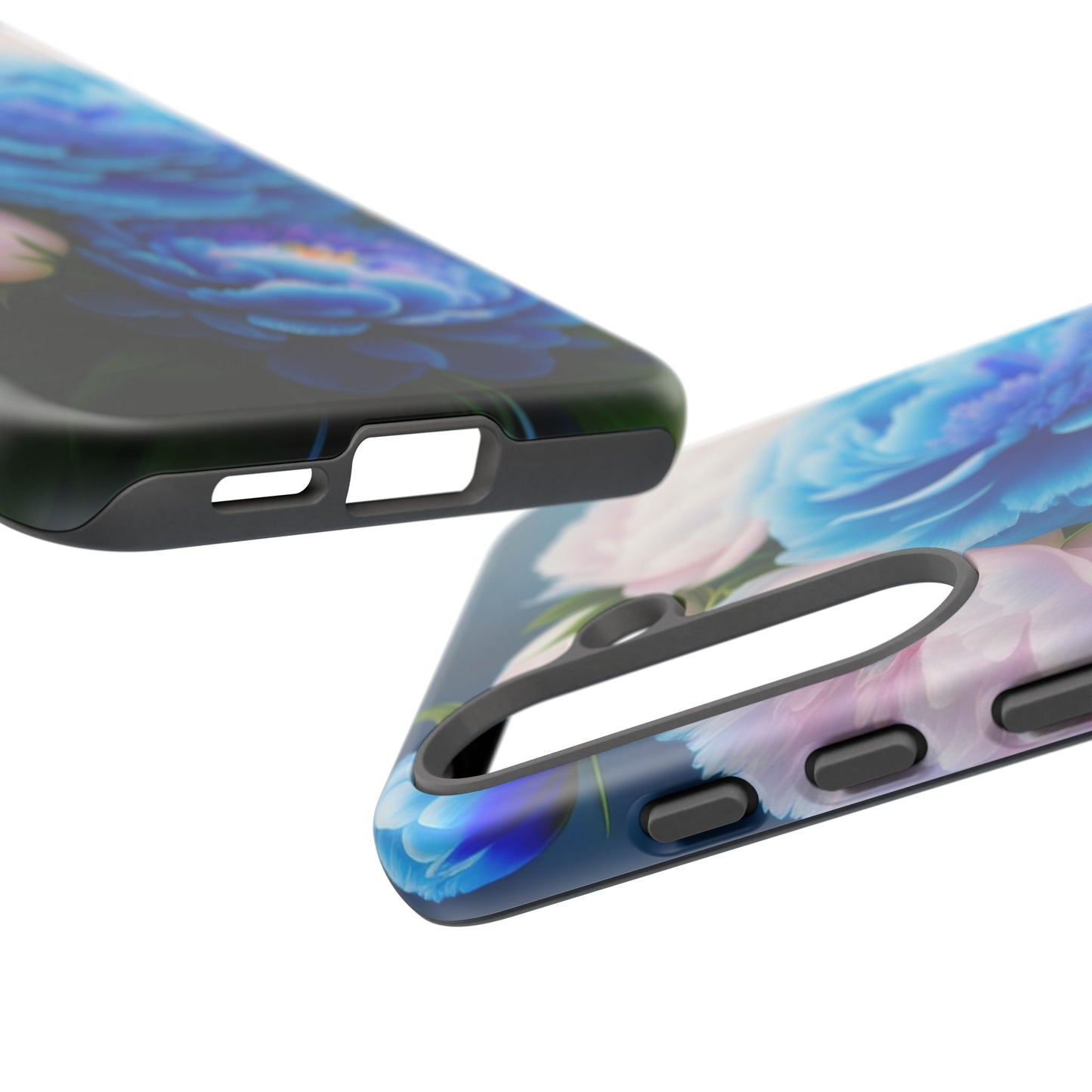 Floral Blue Peony Phone Case — Protective Tough Case with Pink & Blue Blooms