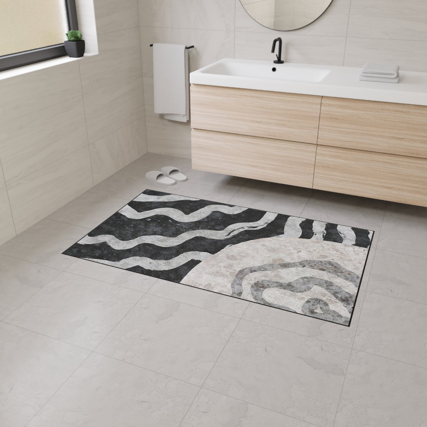 Abstract Black & Gray Heavy Duty Floor Mat — Modern Wave Rug for Entryway, Kitchen, or Office