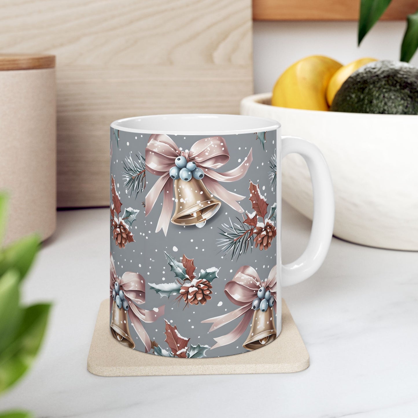 Festive Holiday Ceramic Mug, Christmas Gift, Winter Decor, Bell Design, Cozy Coffee Cup, Seasonal Beverage Container