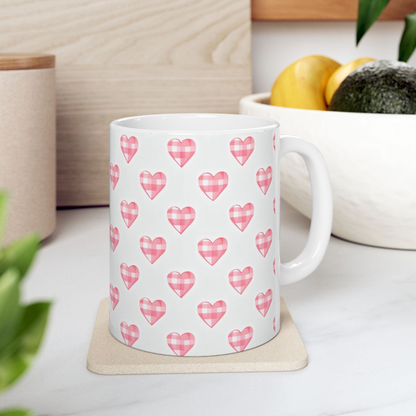 Pink Gingham Heart Ceramic Mug (11oz & 15oz)