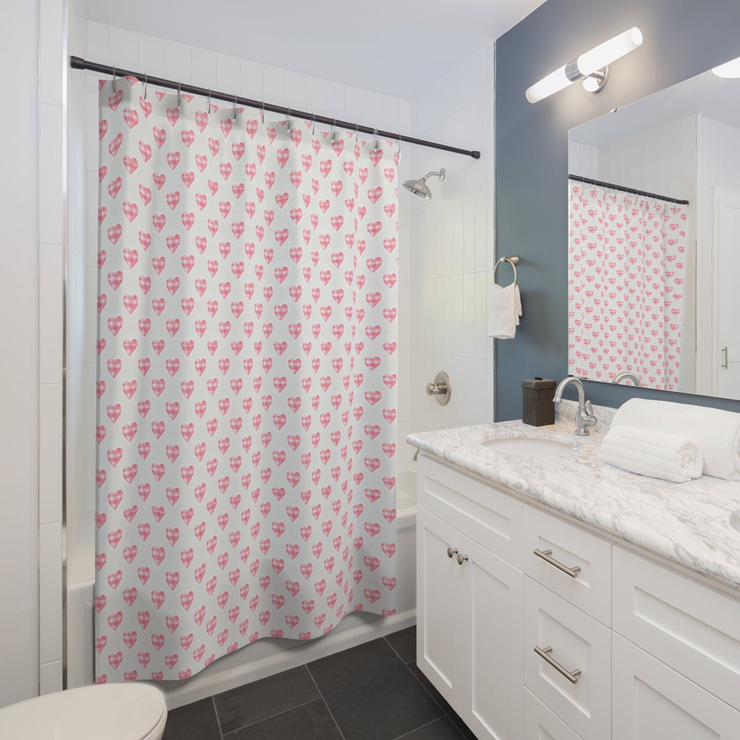 Pink Gingham Heart Shower Curtain — Romantic Valentine Bathroom Decor