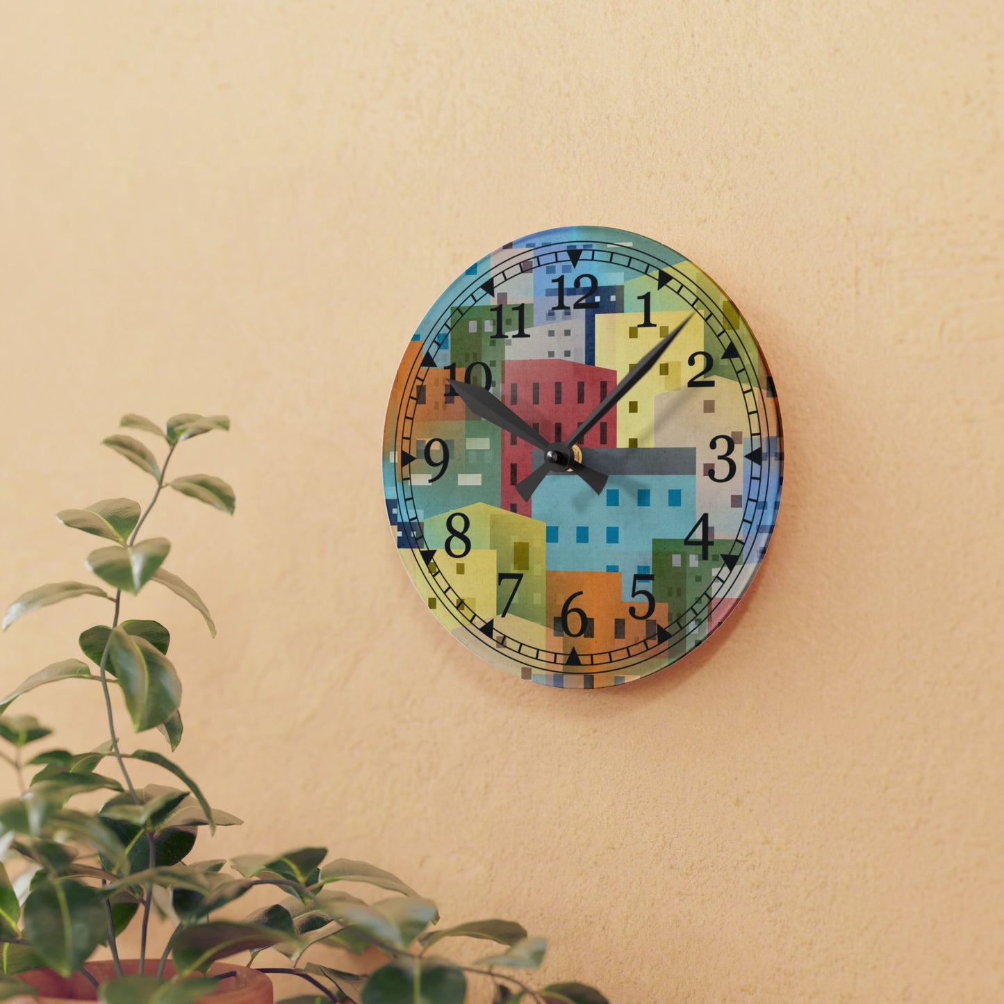 Colorful Cityscape Acrylic Wall Clock, Modern Home Decor, Unique Gift