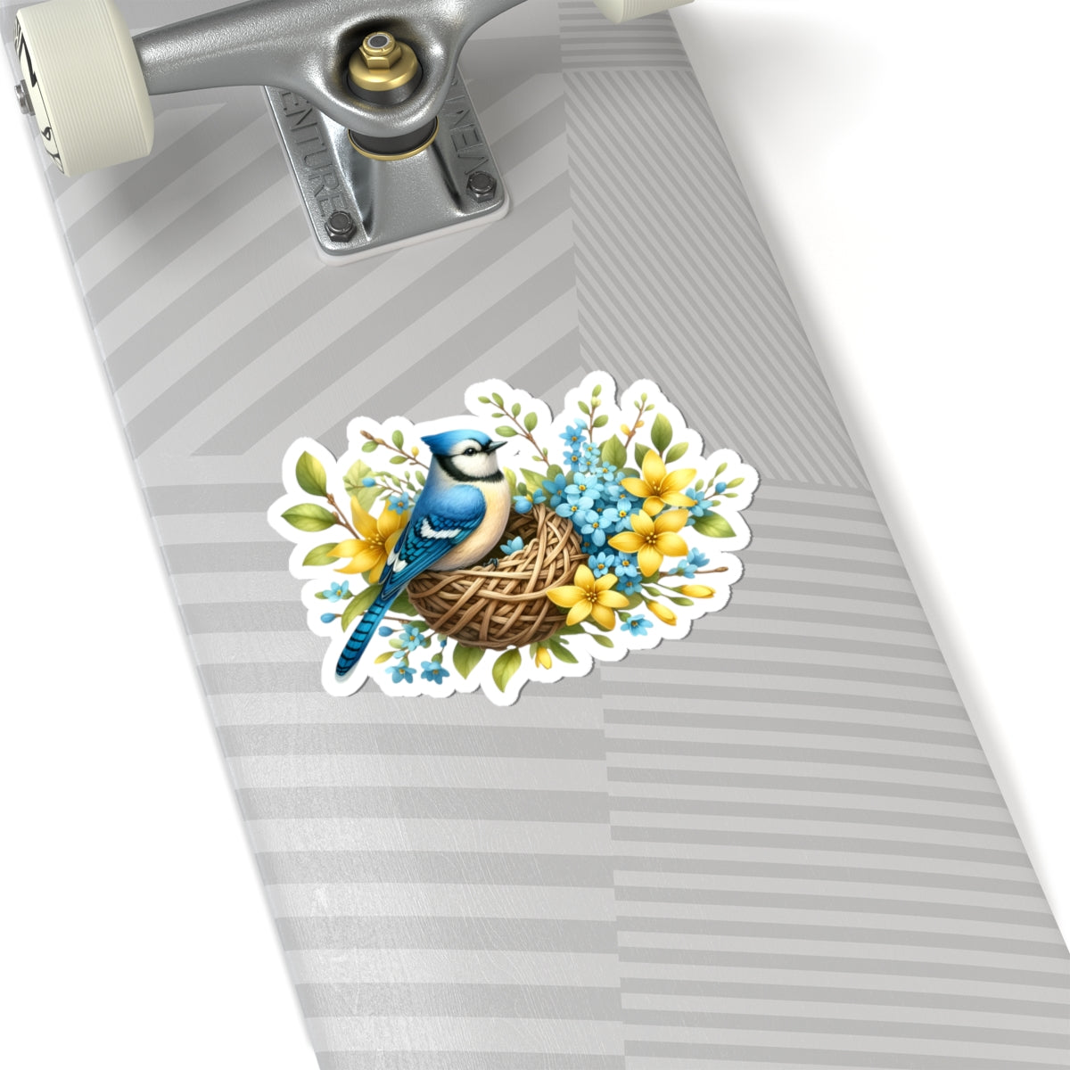 Blue Jay Nest Sticker — Floral Bird Kiss-Cut Vinyl Decal