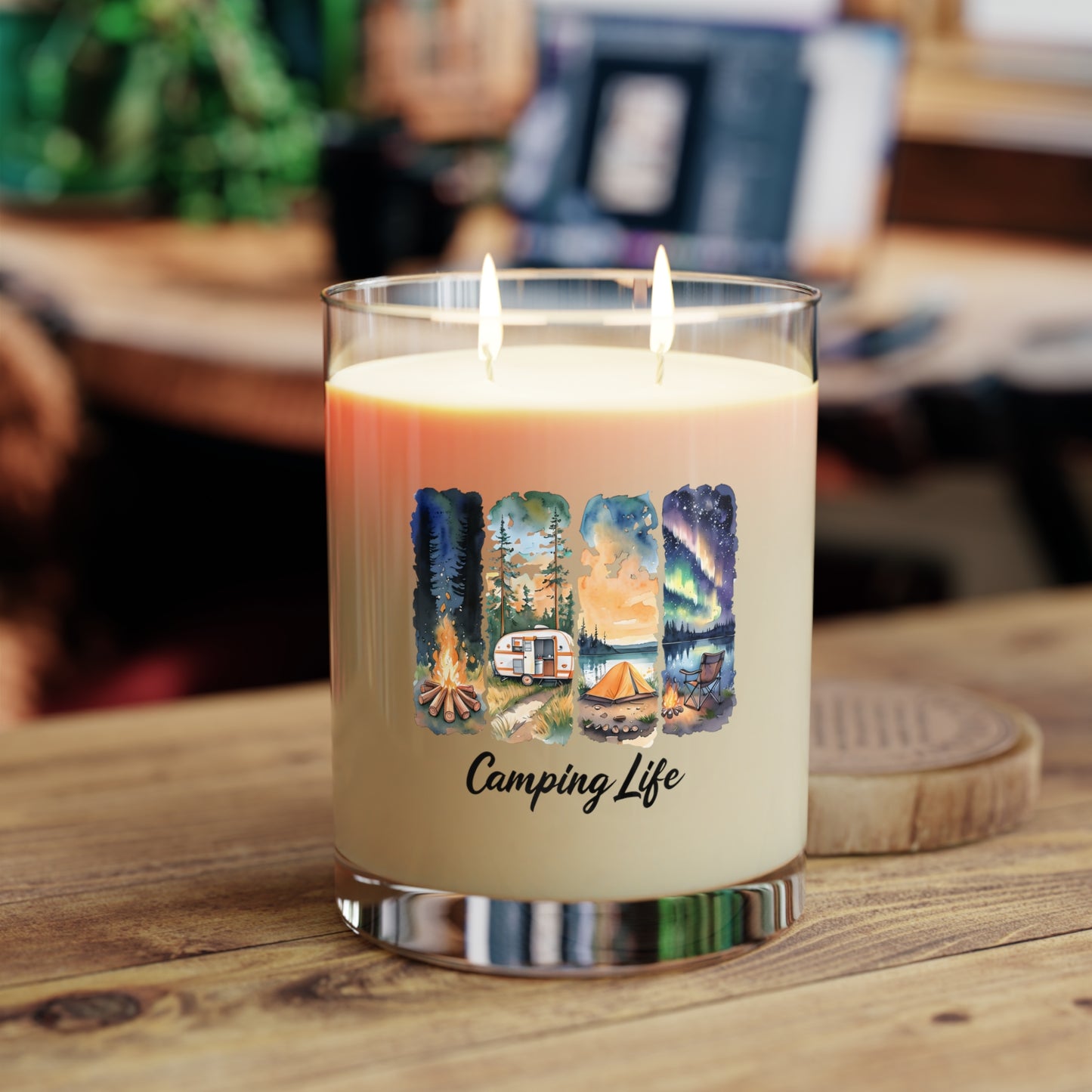 Camping Life Scented Candle — 11oz Glass Candle with Campfire & Northern Lights Design