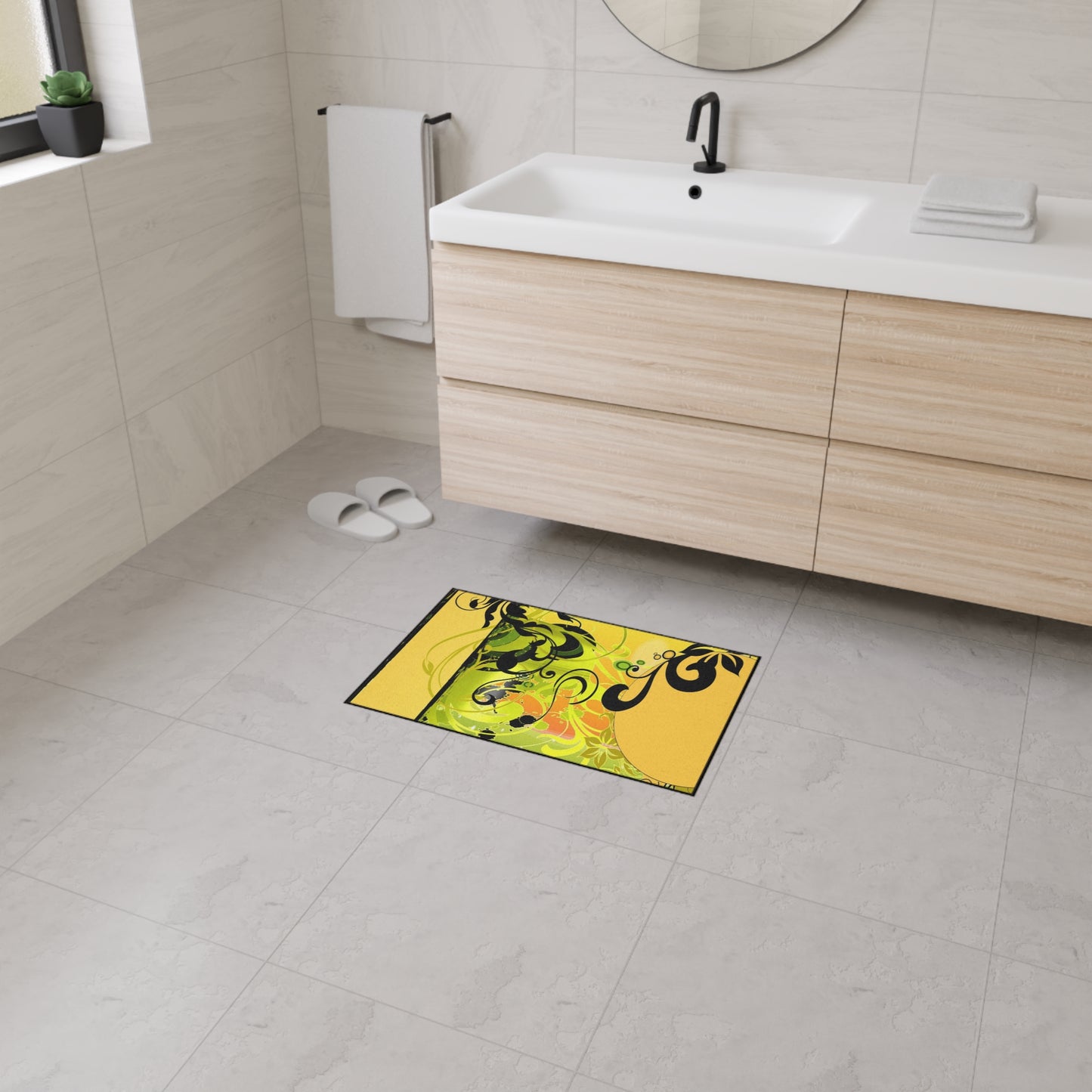 Floral Swirl Heavy Duty Floor Mat — Yellow Green Decorative Entry Rug