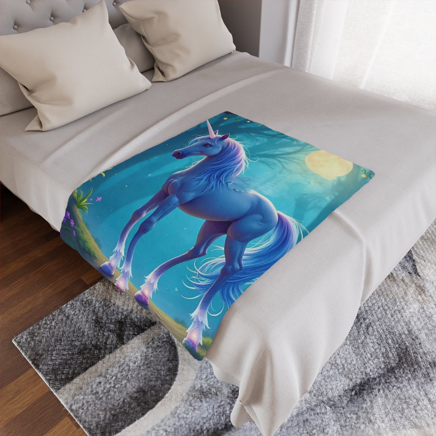 Enchanted Blue Unicorn Minky Blanket — Soft Magical Fantasy Throw for Kids & Teens