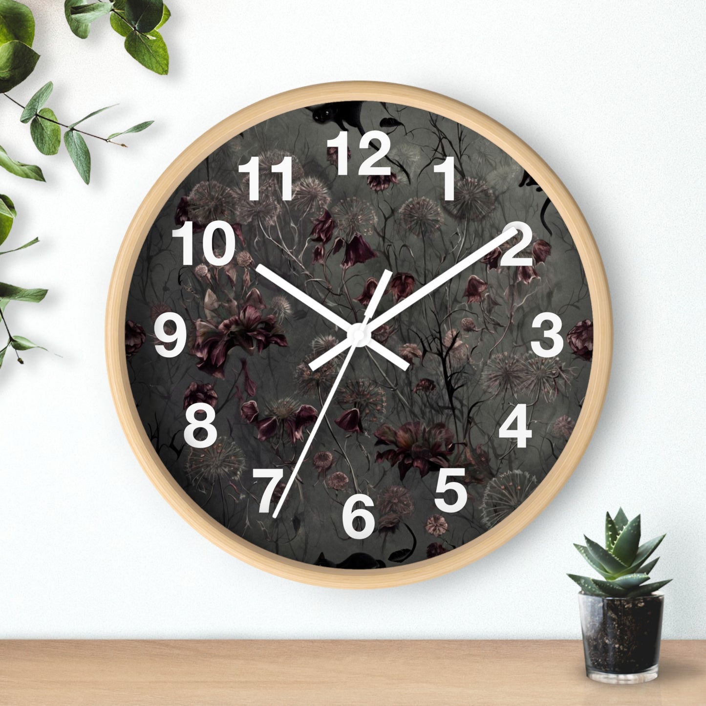 Vintage Dark Floral Wall Clock — Moody Botanical Timepiece with Large Numerals