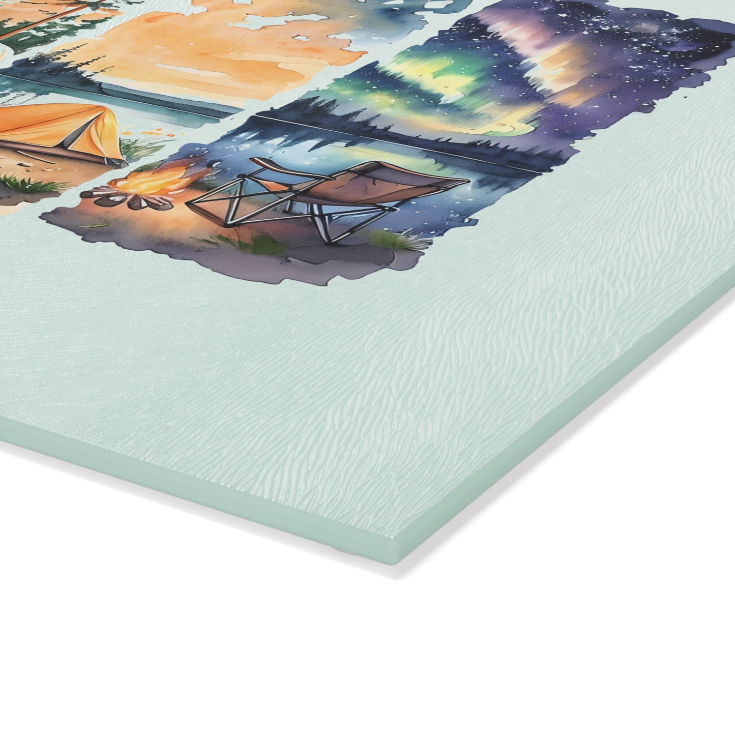 Camping Life Glass Cutting Board – Watercolor Camper, Tent & Campfire Kitchen Board