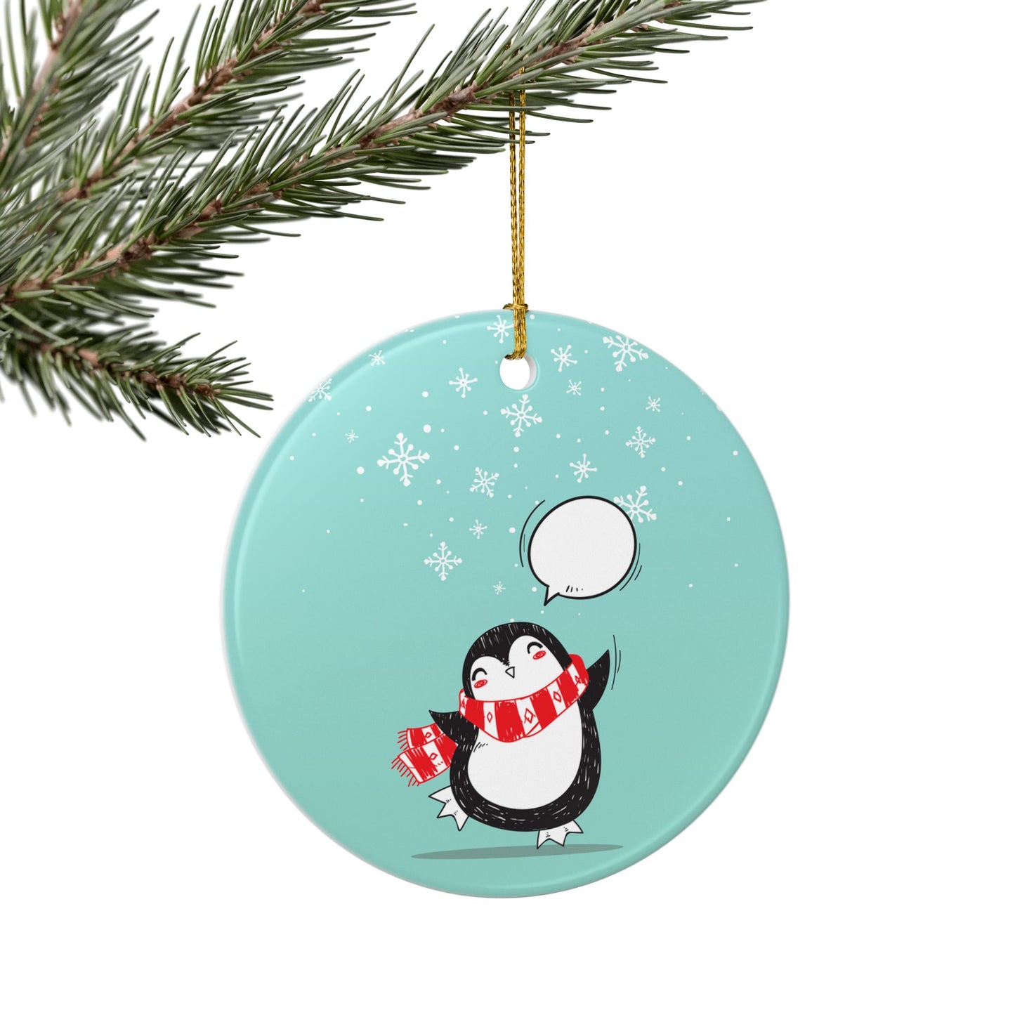 Cute Penguin Ceramic Ornament — Holiday Snowflakes, Two-Sided Christmas Tree Decoration