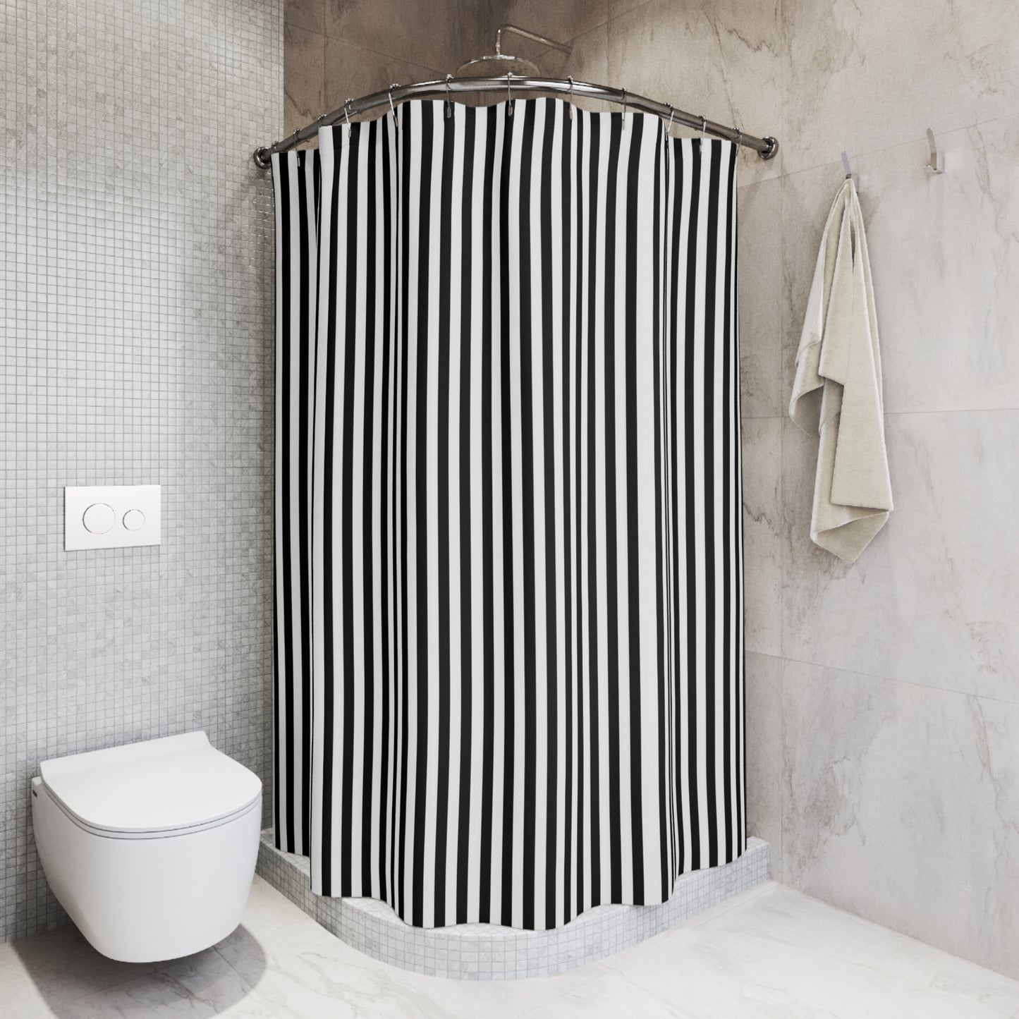 Black & White Vertical Stripe Shower Curtain — Modern Minimalist Bathroom Decor
