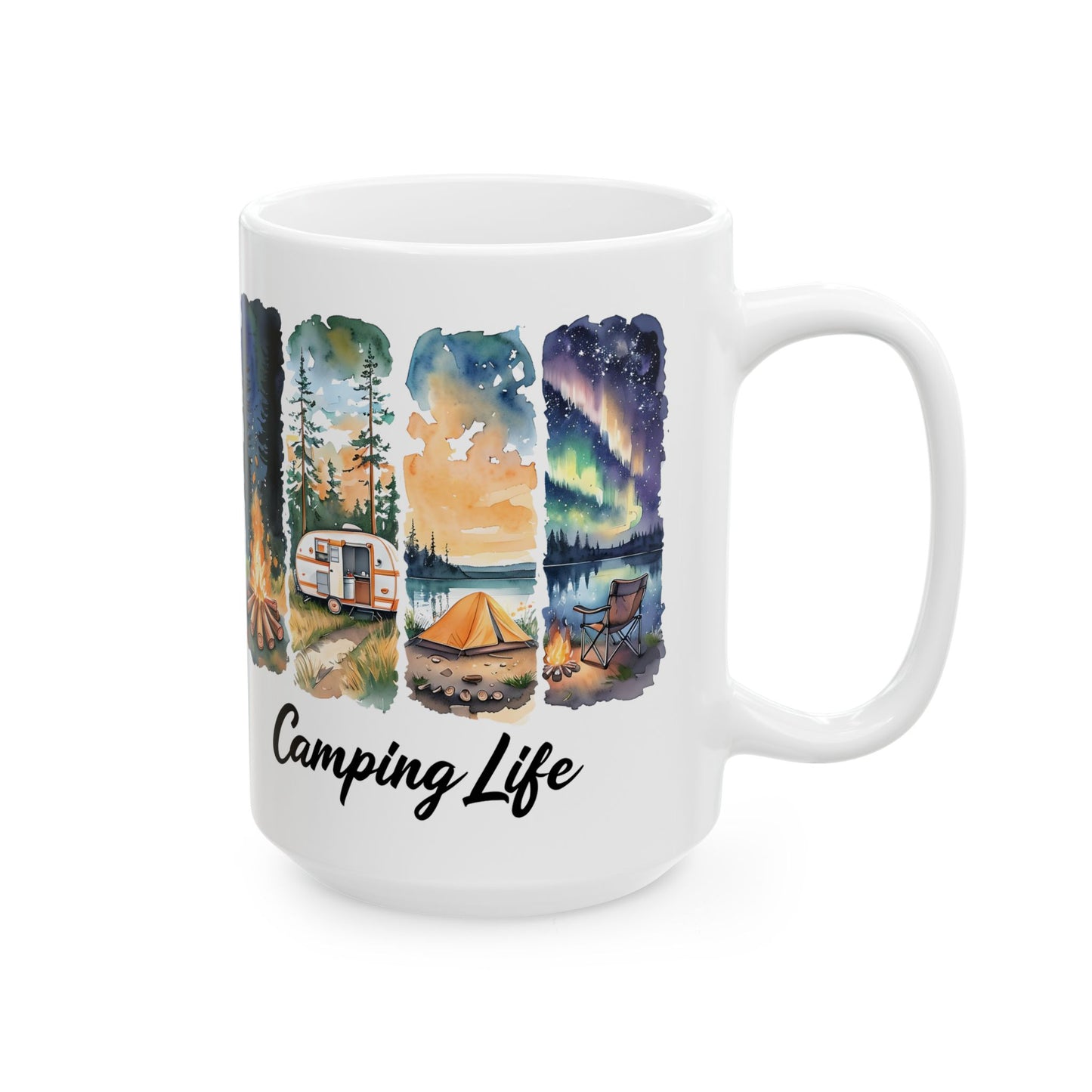 Camping Life Ceramic Mug — Scenic Campfire & Northern Lights Coffee Cup (11oz/15oz)