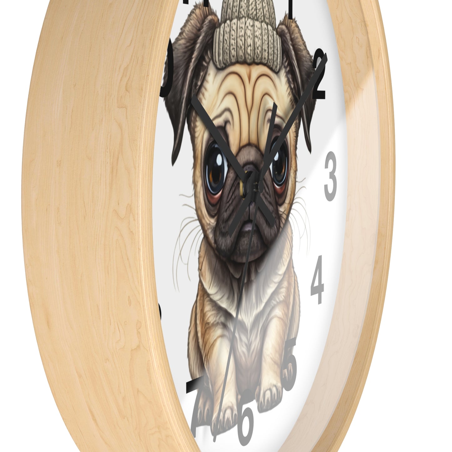 Cute Pug Wall Clock — Adorable Pug Puppy in Beanie Decorative Clock for Dog Lovers