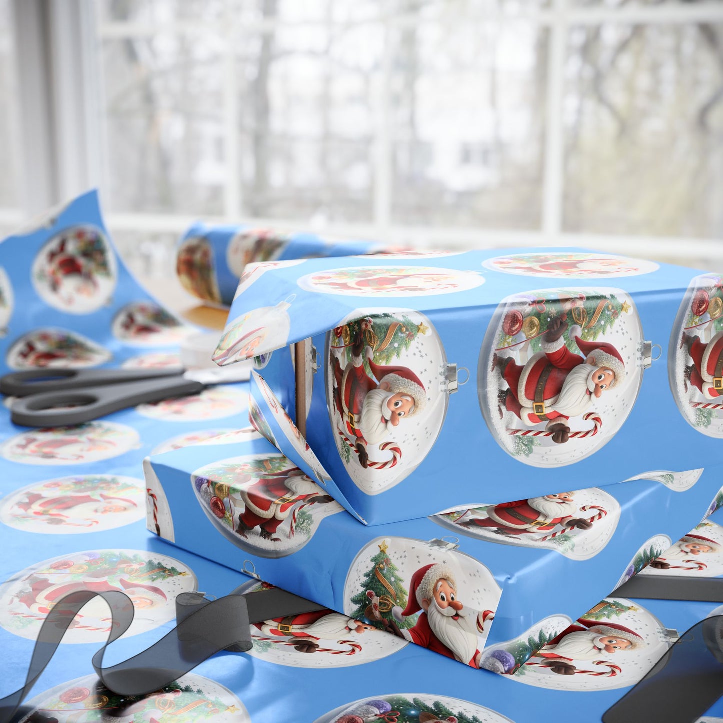 Santa Ornament Pattern Wrapping Paper – Blue Christmas Gift Wrap Roll