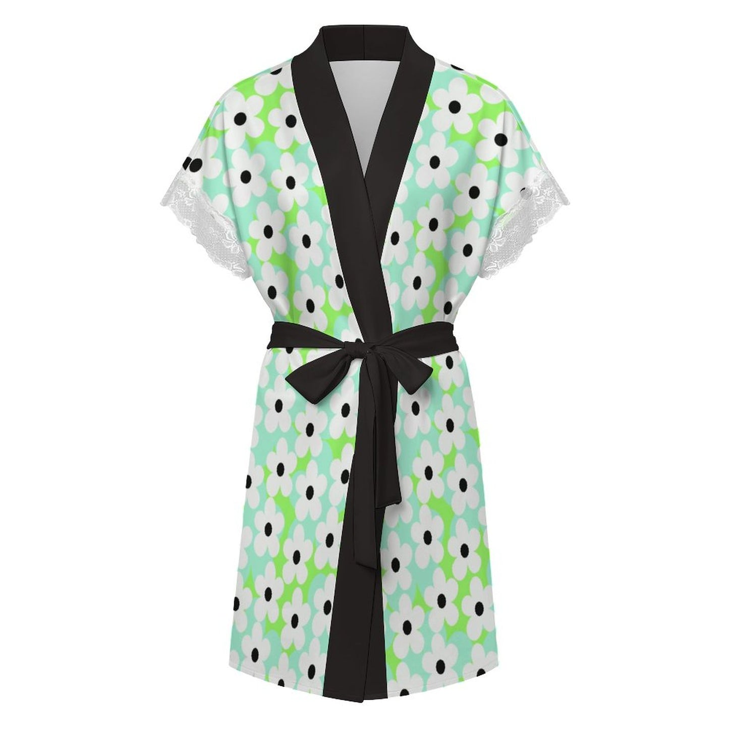 Lace Trimmed Short-Sleeve Nightgown Robe
