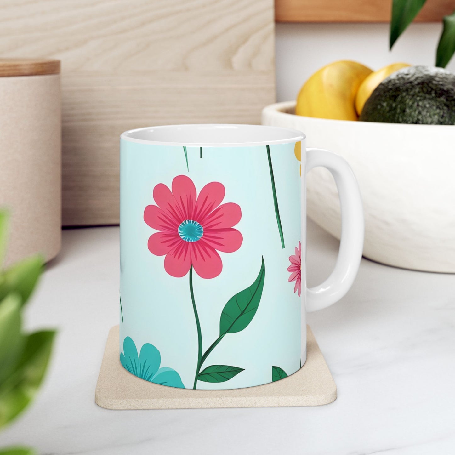 Floral Pattern Ceramic Mug — Colorful Spring Flowers 11oz & 15oz