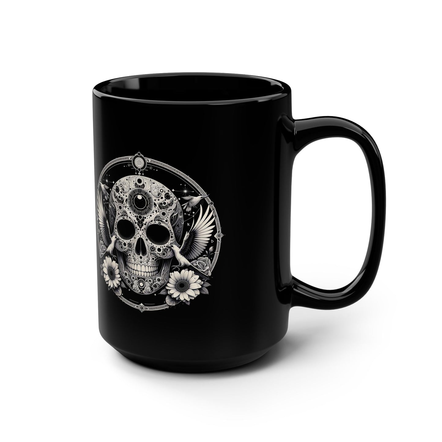 15oz Black Mug — Gothic Skull with Doves & Daisies Coffee Cup