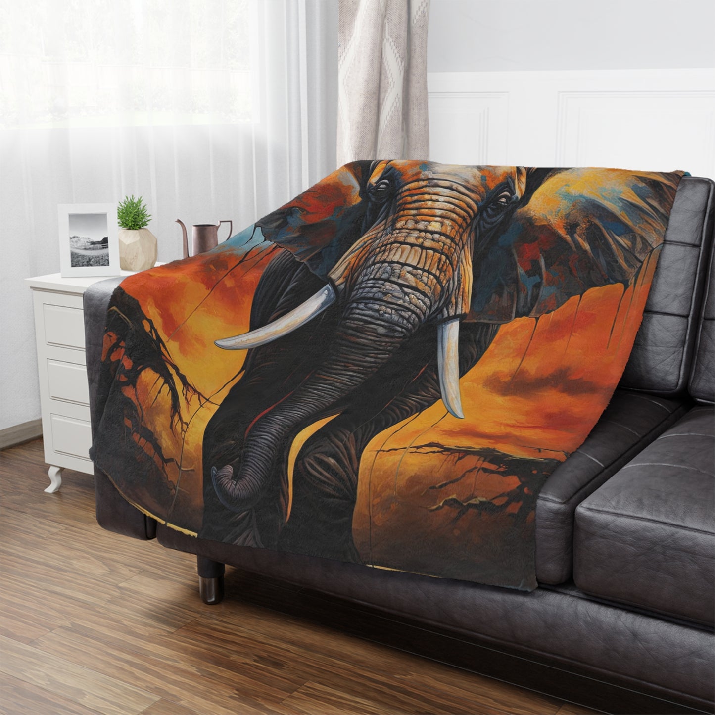 Elephant Sunset Minky Blanket — Soft Wildlife Throw for Home, Cozy Safari Décor