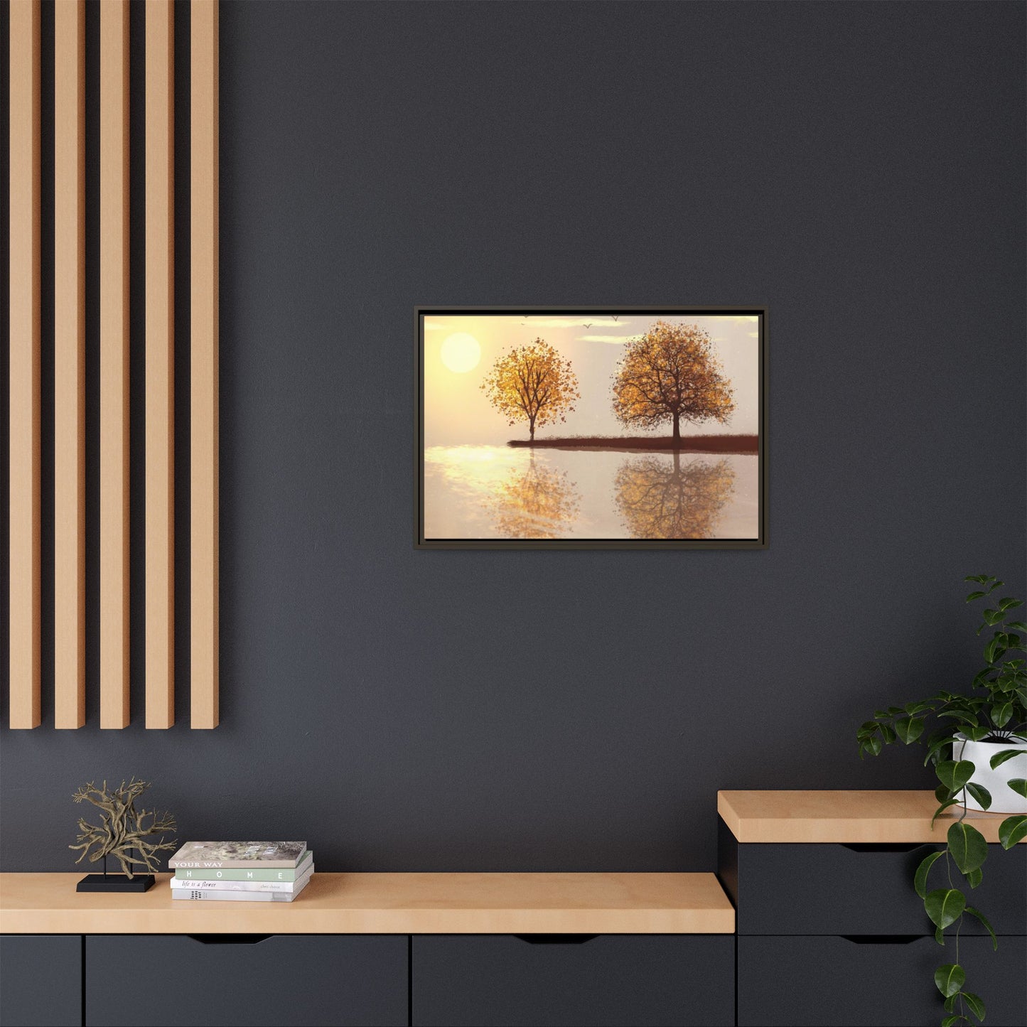 Framed Matte Canvas Wall Art — Golden Autumn Trees Reflection