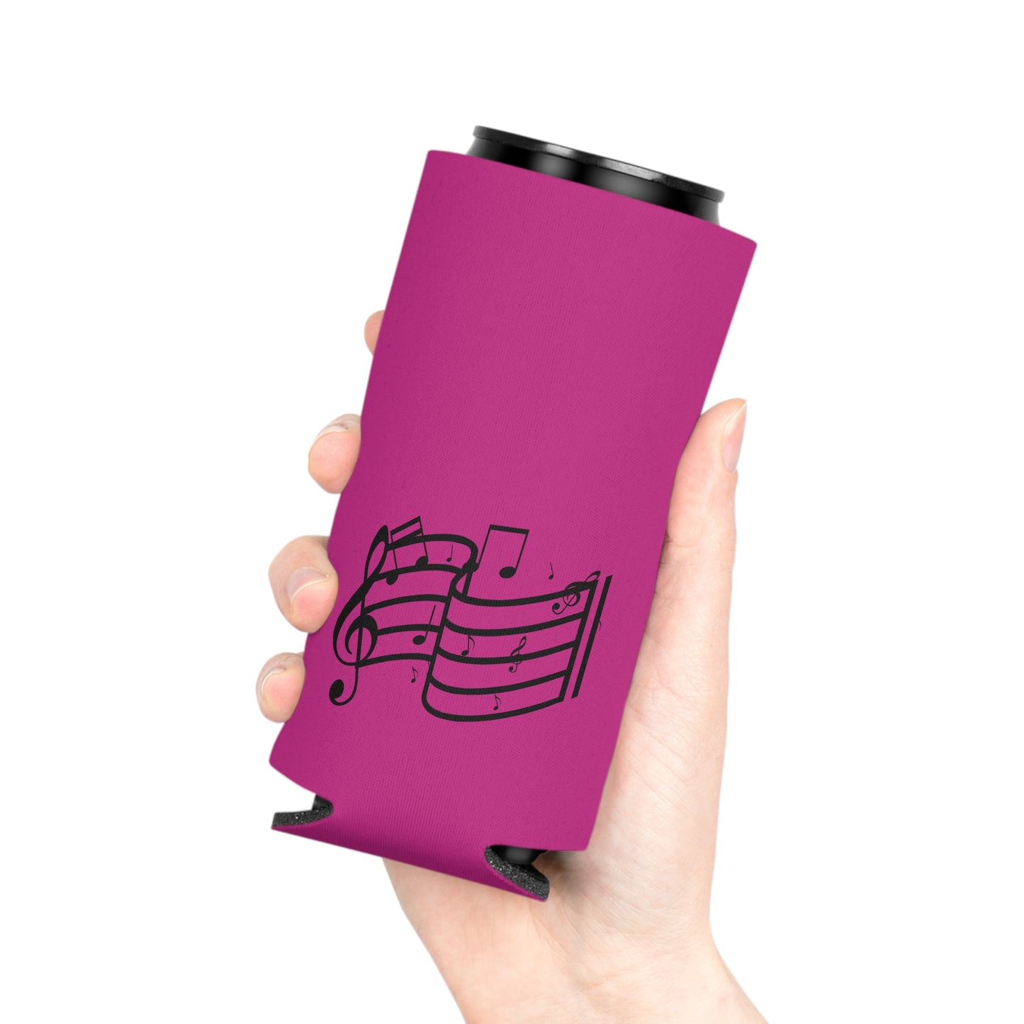 Musical Notes Can Cooler – Pink Neoprene Beverage Koozie for Music Lovers