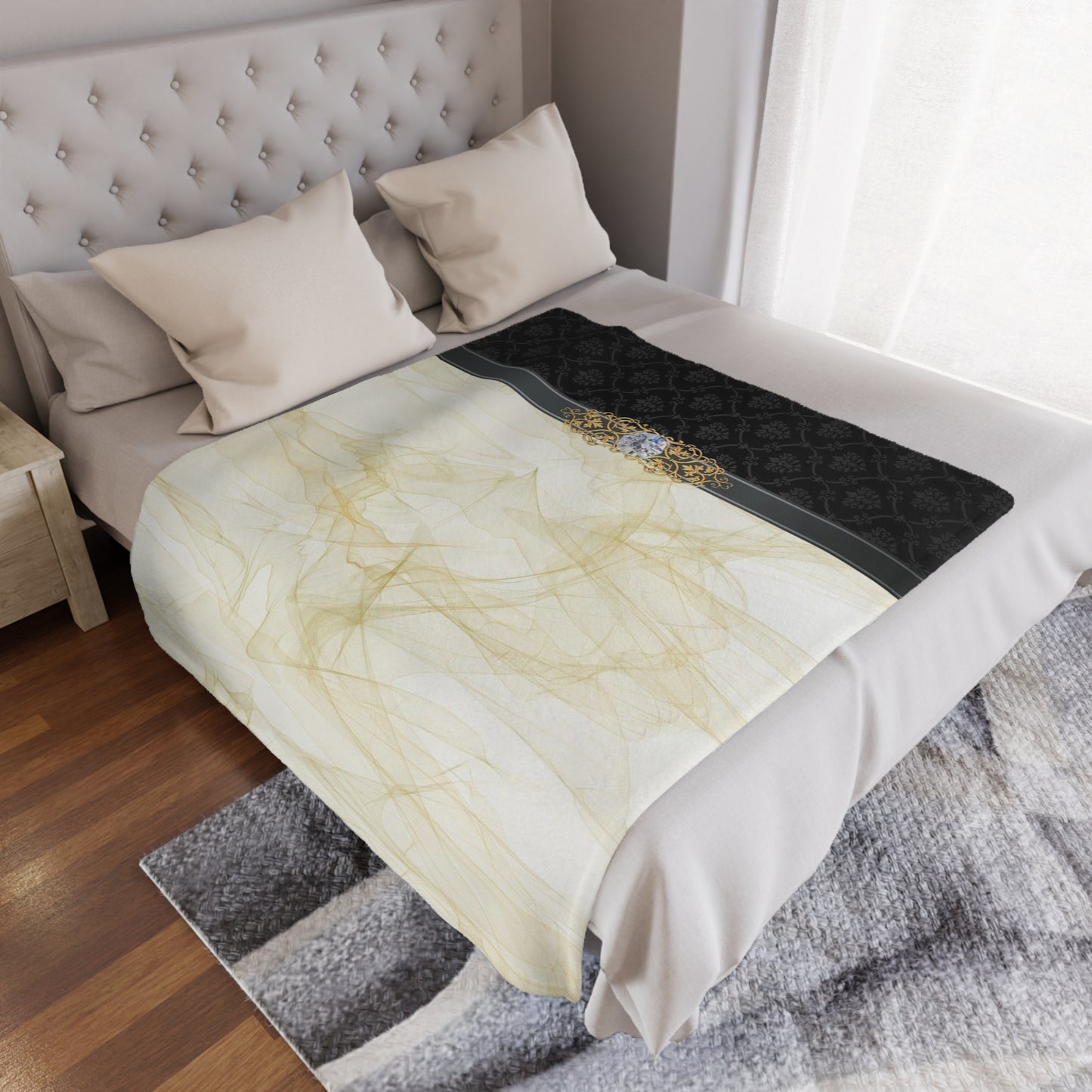 Luxury Gold Smoke Minky Blanket — Elegant Damask Accent with Ornate Gem Detail