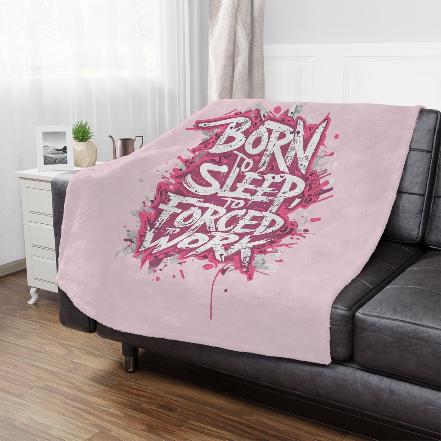 Minky Blanket — "Born to Sleep, Forced to Work" Pink Cozy Throw