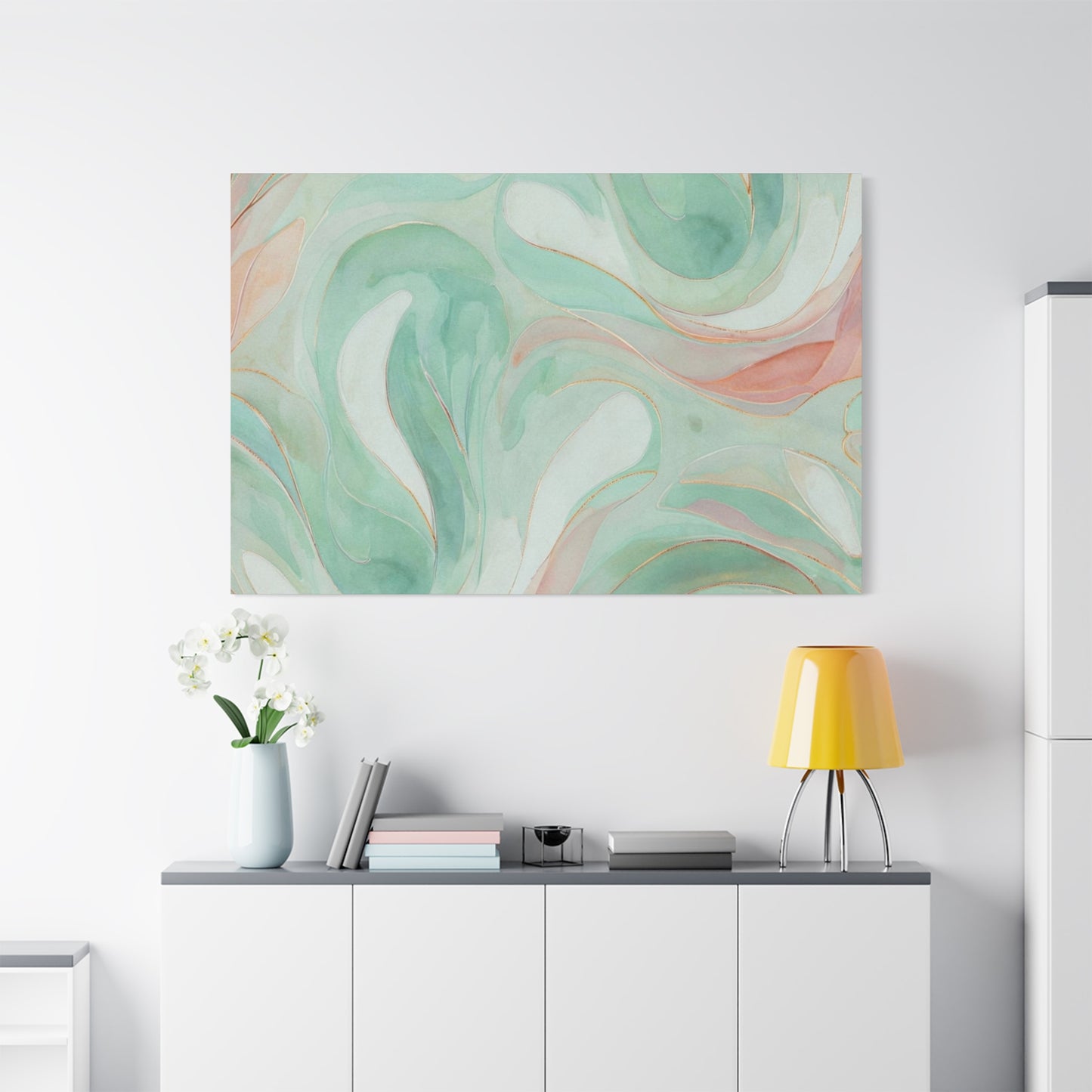 Abstract Green Marble Canvas Print — Teal & Coral Swirl Wall Art