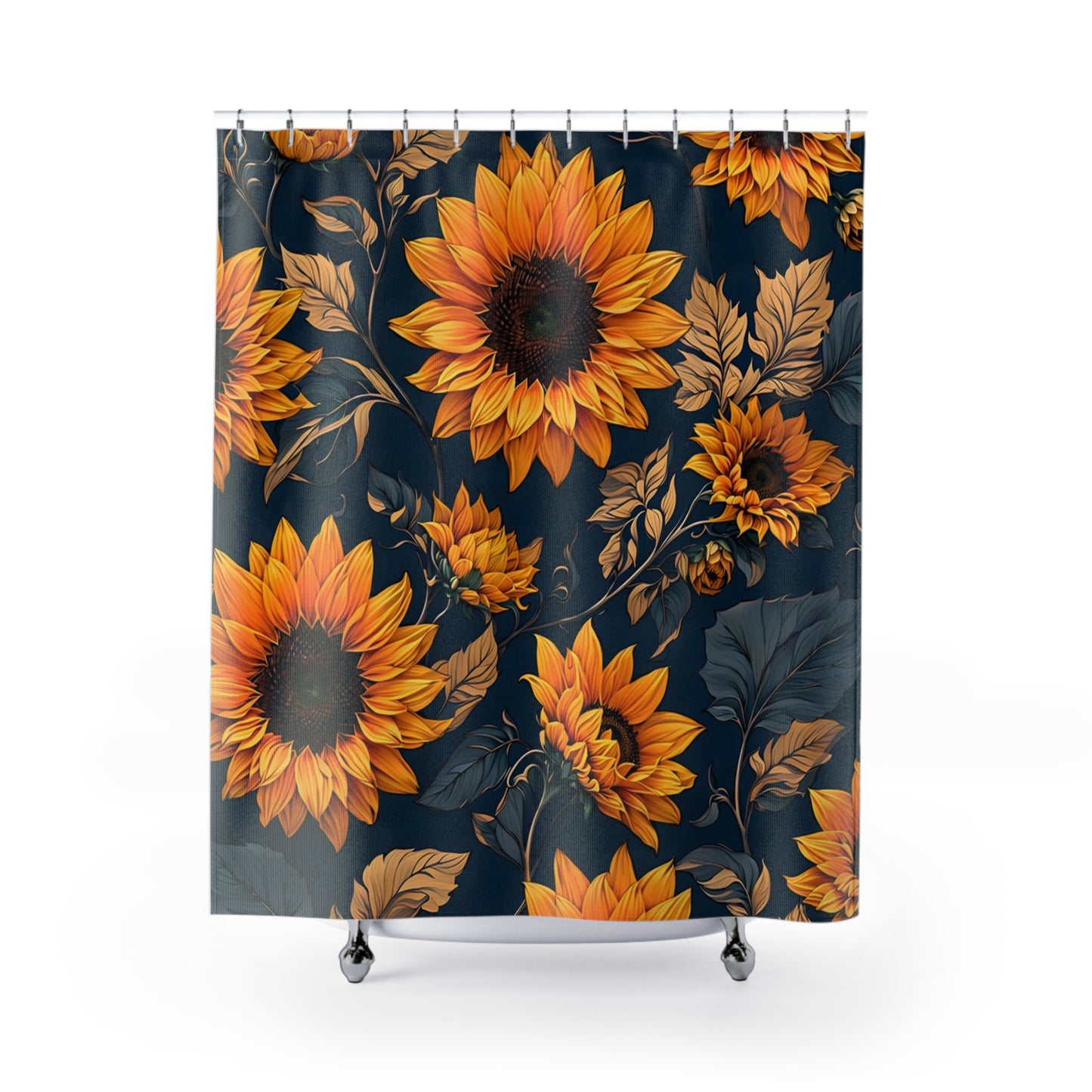 Sunflower Shower Curtain — Golden Sunflowers on Navy Floral Bath Curtain