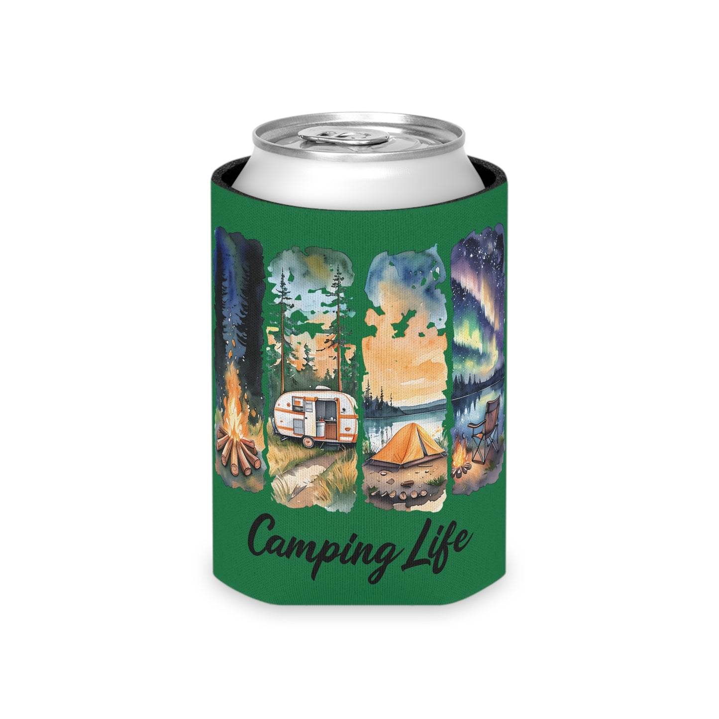 Camping Life Can Cooler – Insulated Beer Cooler with Campsite Watercolor Design