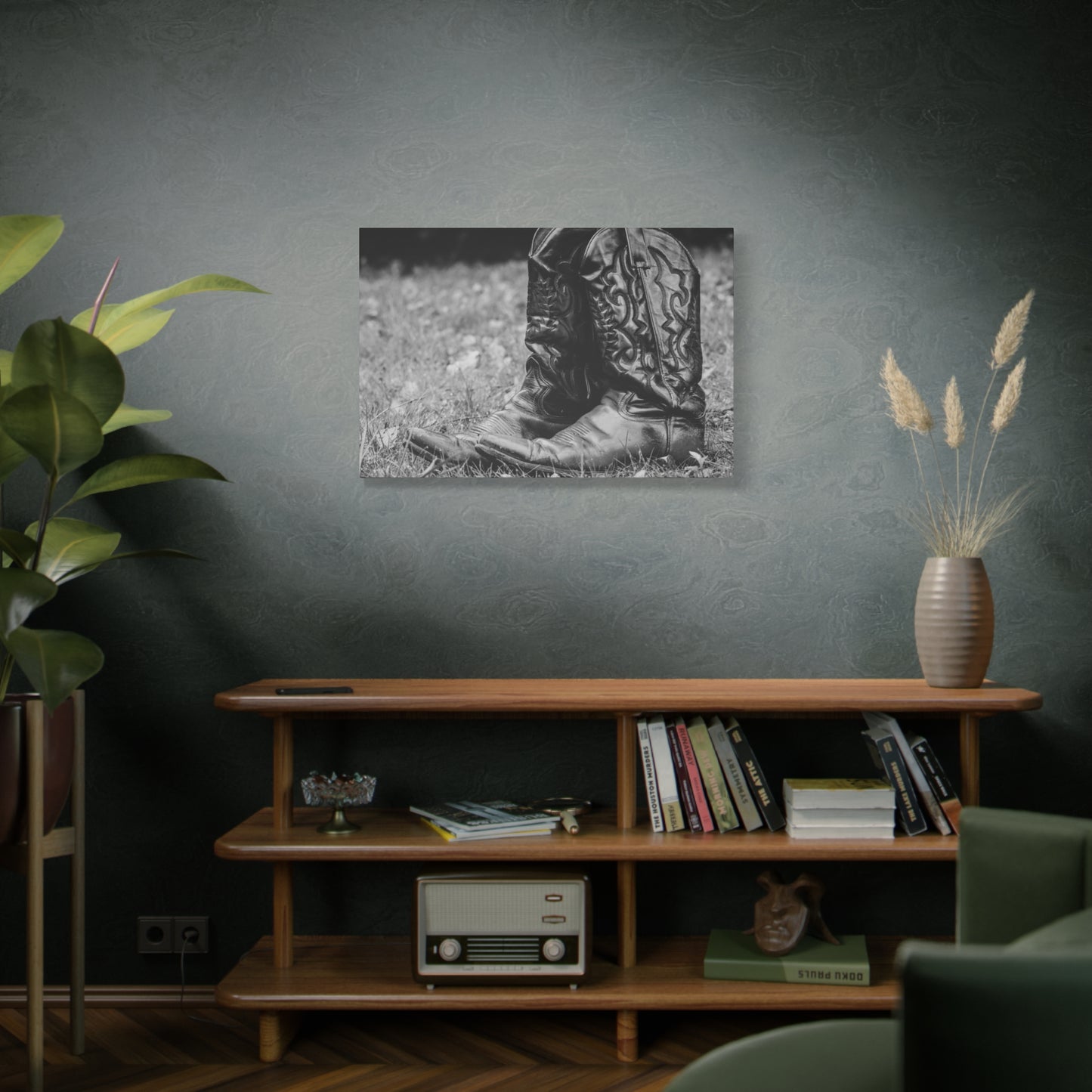 Western Cowboy Boots Matte Canvas Wall Art – Black & White Rustic Country Decor