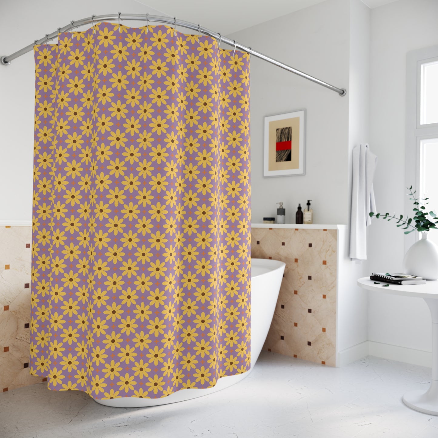 Floral Daisy Pattern Shower Curtain — Retro Yellow Flowers on Lilac Background