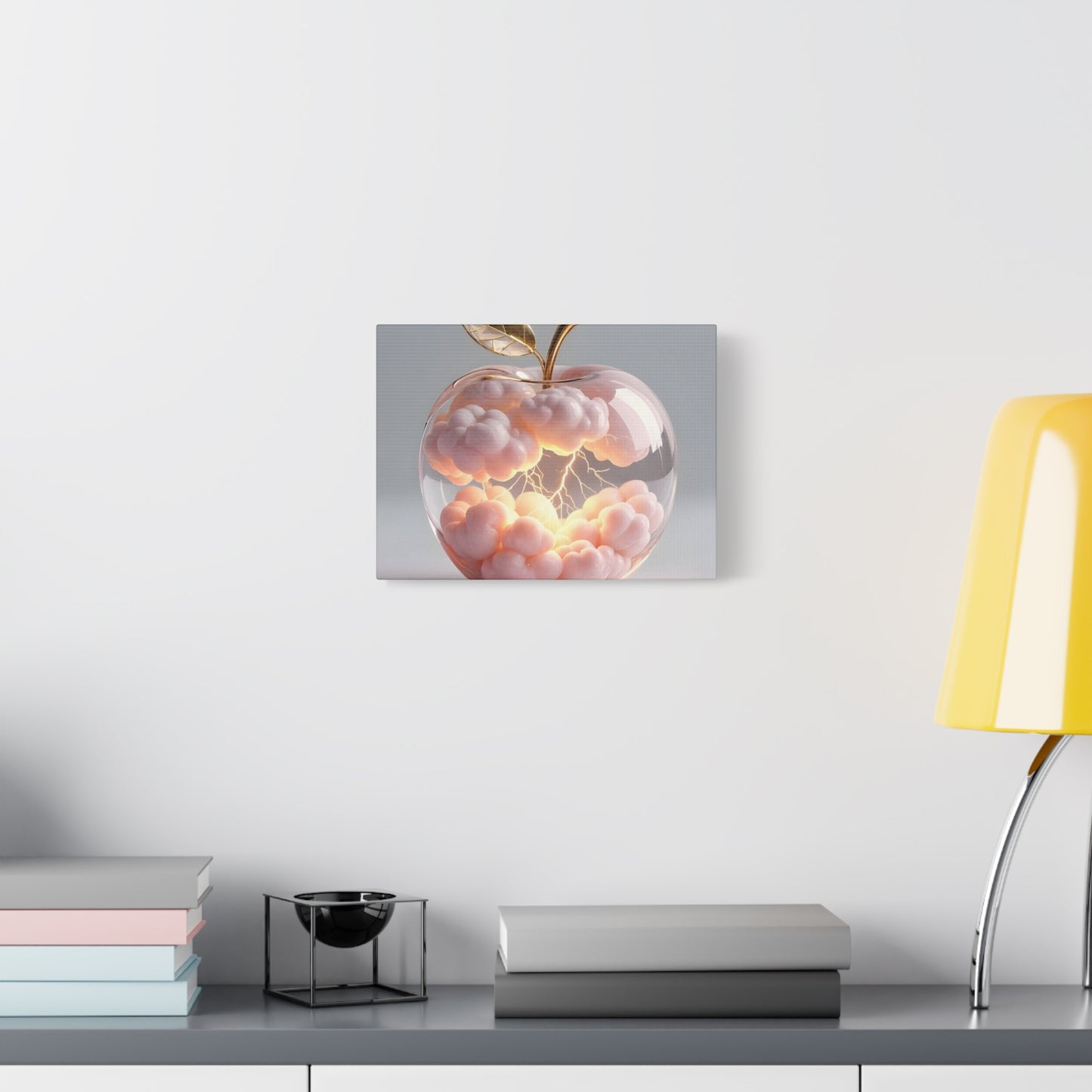 Surreal Glass Apple Canvas – Lightning & Pink Clouds Wall Art