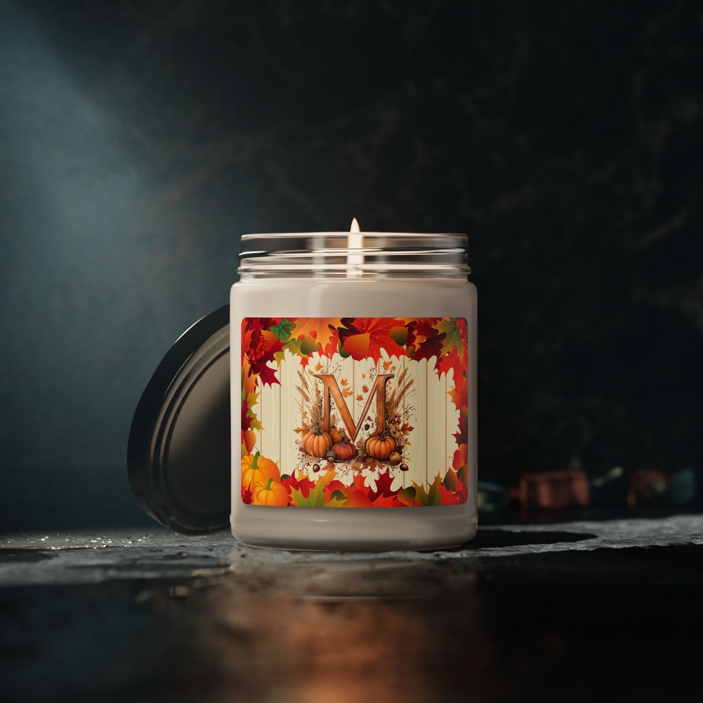Autumn Monogram Soy Candle — 9oz Fall Pumpkin Scented Candle with Letter M
