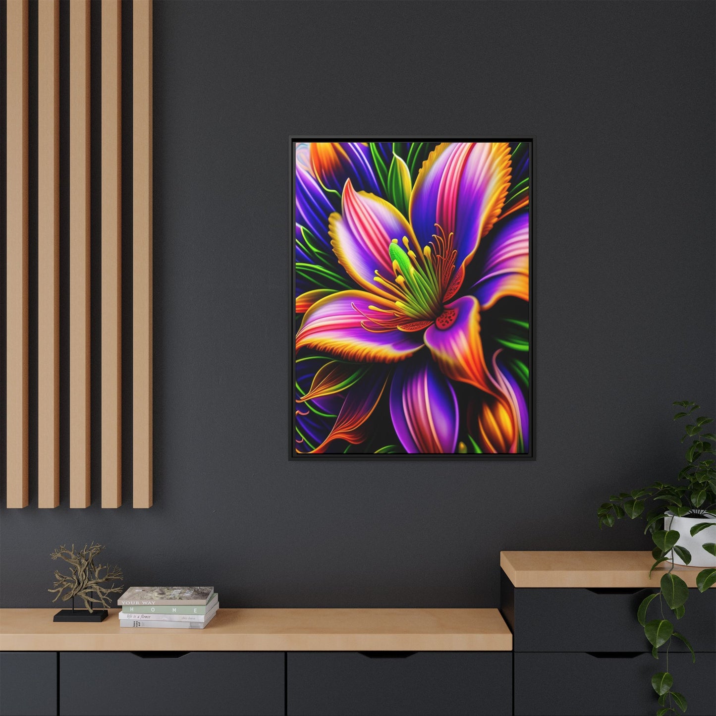 Vibrant Neon Floral Matte Canvas Print — Framed Wall Art