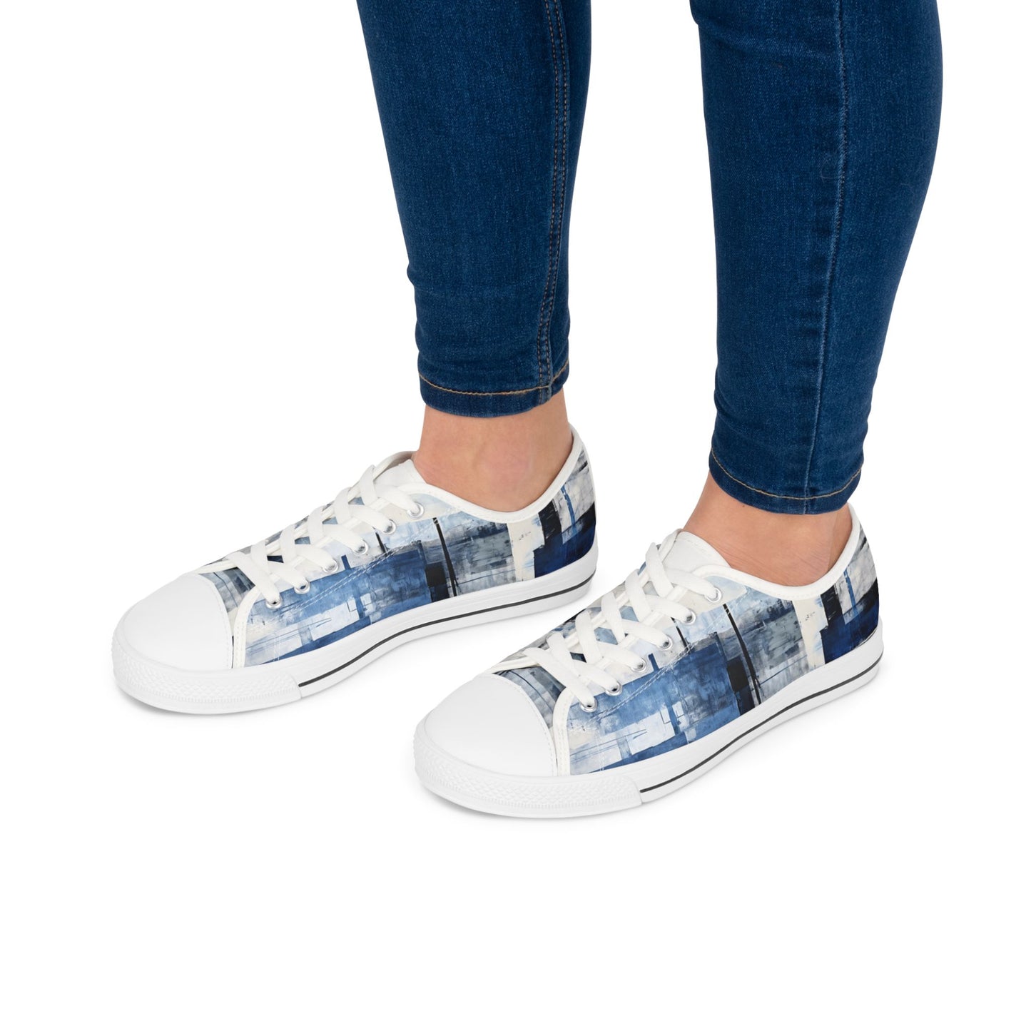 Abstract Blue Grid Low Top Sneakers — Casual Canvas Shoes