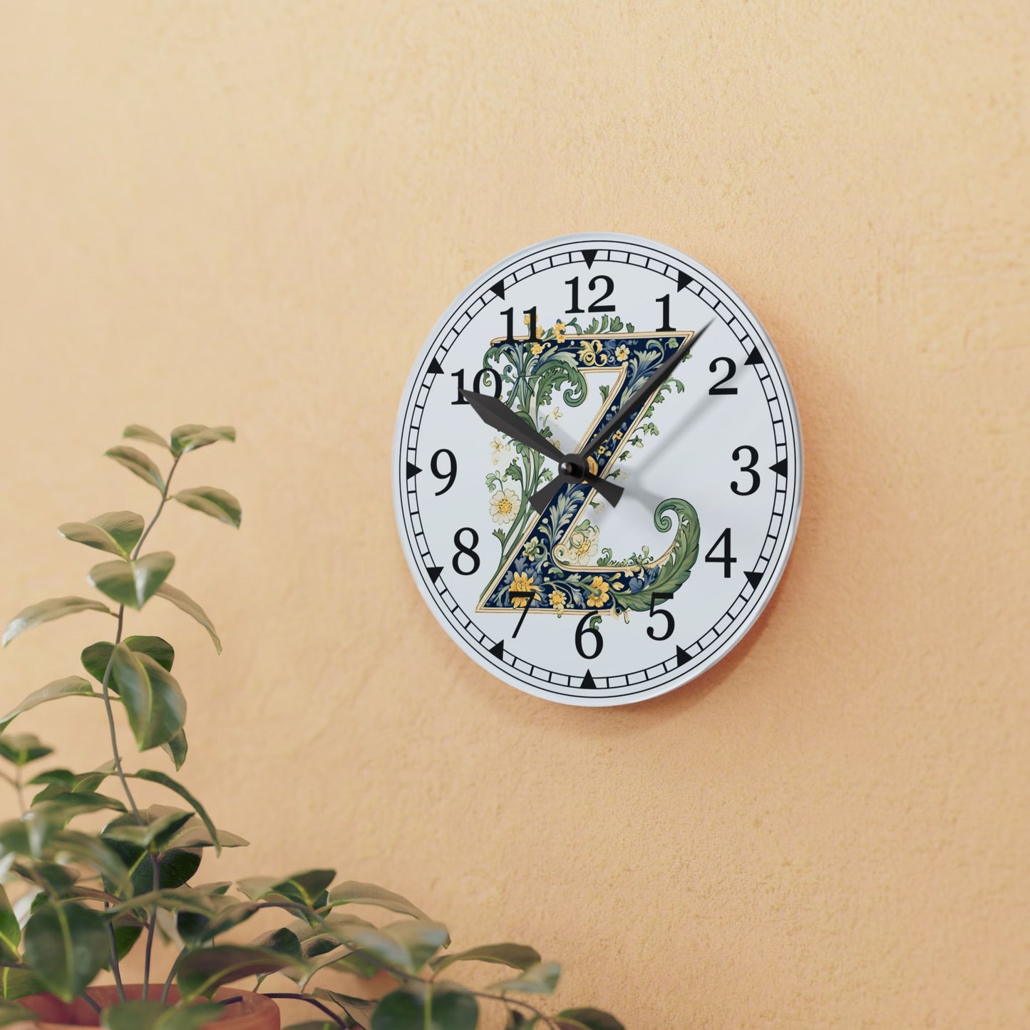 Floral Monogram "Z" Acrylic Wall Clock — Vintage Botanical Initial Clock