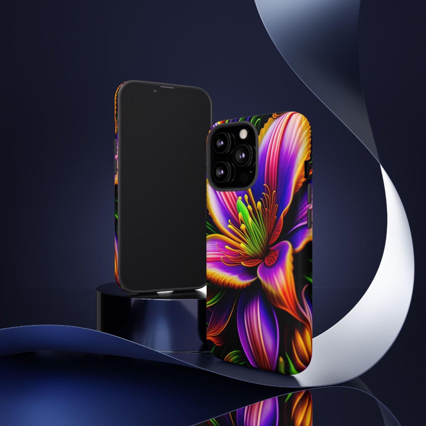 Floral Neon Tough Phone Case — Vivid Purple & Orange Lily Protective Cover
