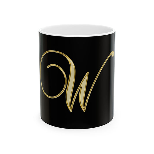 Gold Script 'W' Monogram Ceramic Mug – Elegant Initial Coffee Cup (11oz, 15oz)