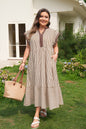 Brown Stripe Plus Size Slit V Neck Tiered Flutter Sleeve Maxi Dress