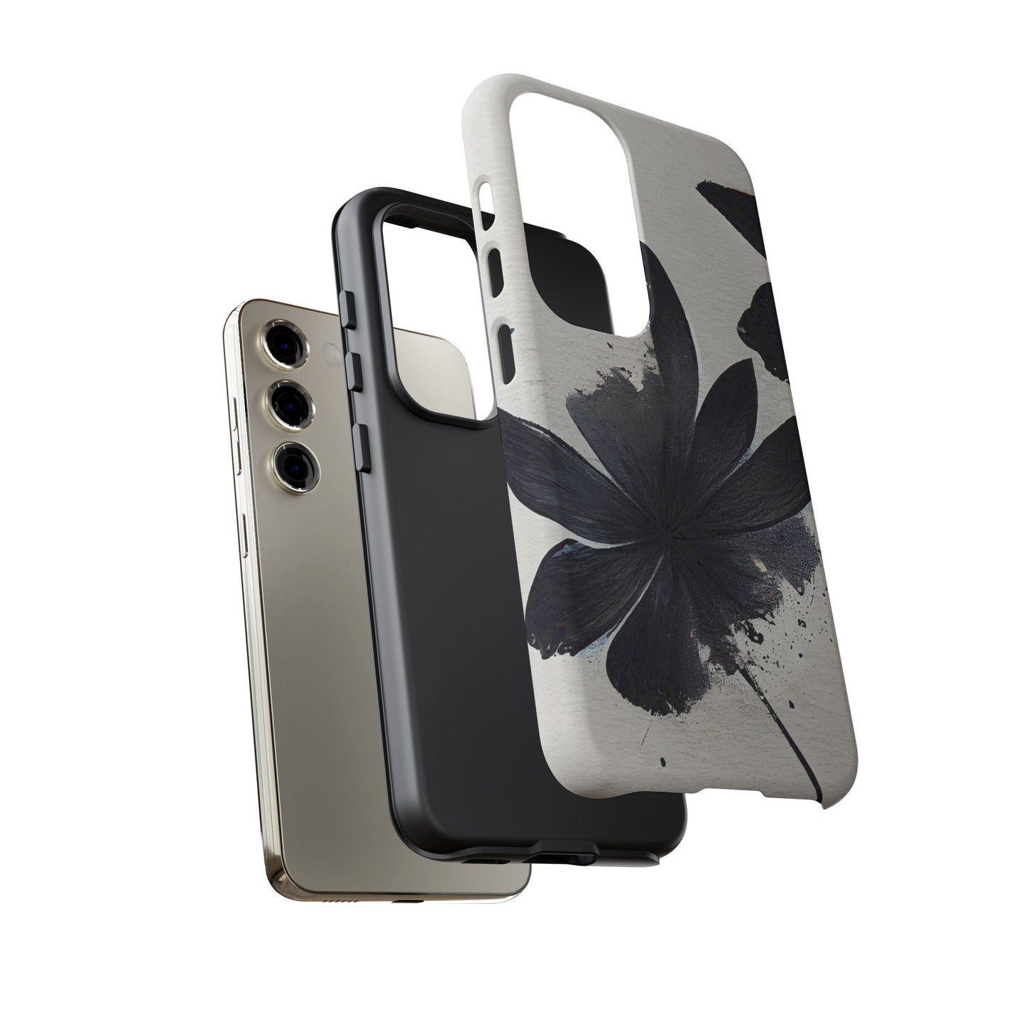 Monochrome Floral Tough Phone Case — Black Ink Flower Protective Cover