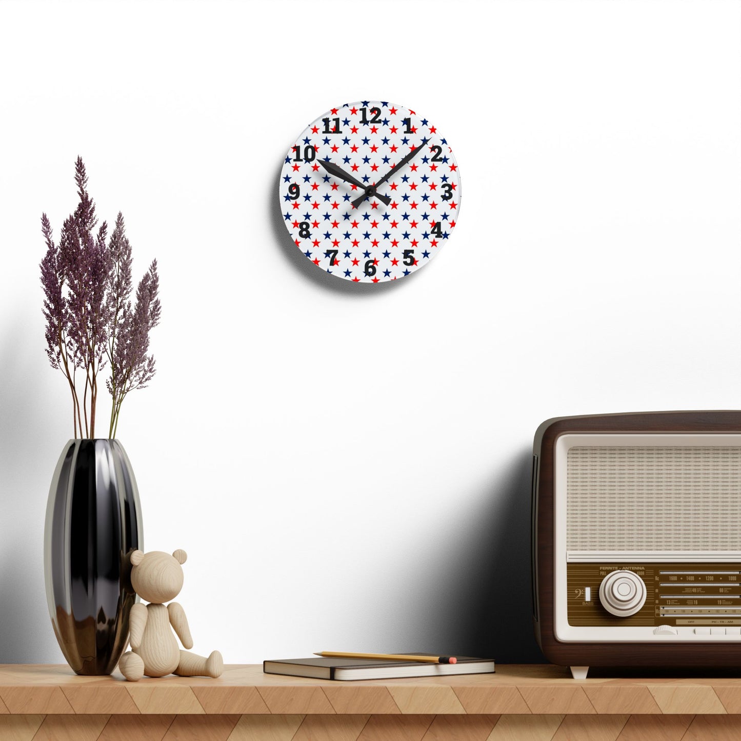 Acrylic Wall Clock stars red white and blue