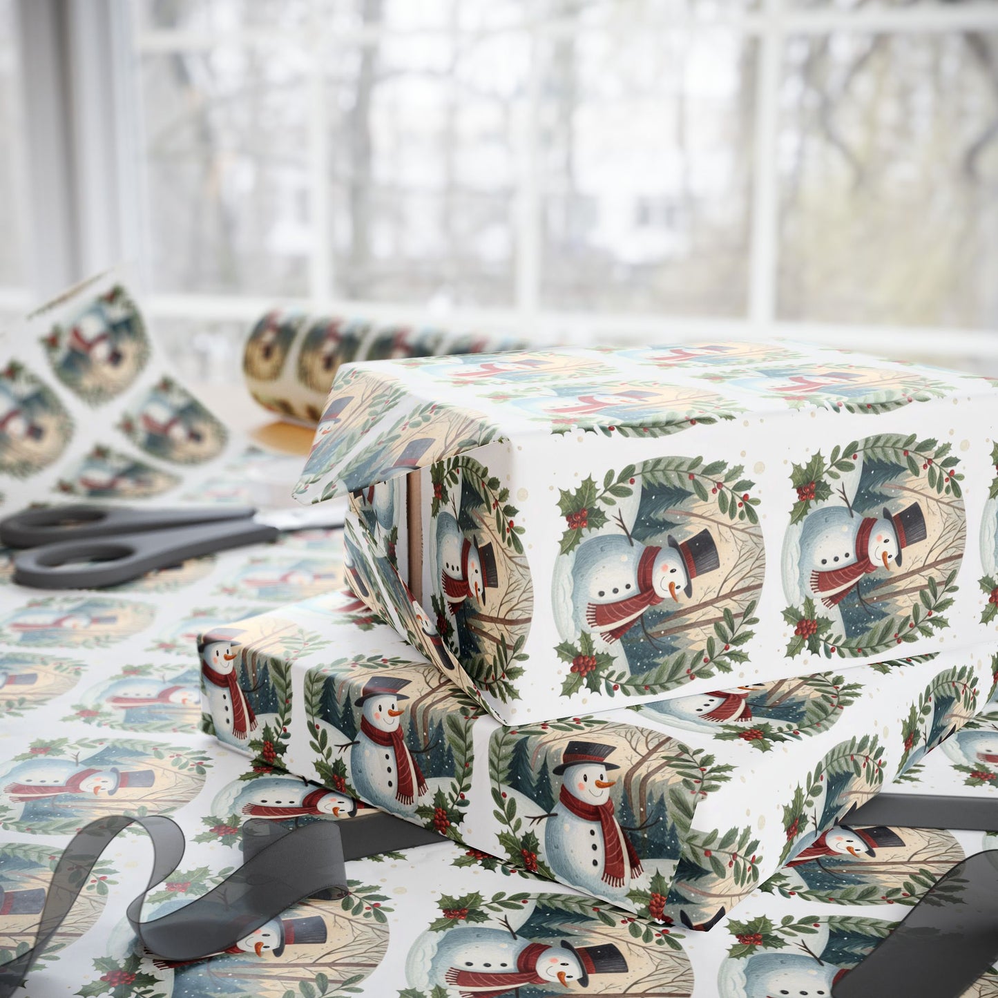 Snowman Wreath Christmas Wrapping Paper Roll — Festive Holiday Gift Wrap