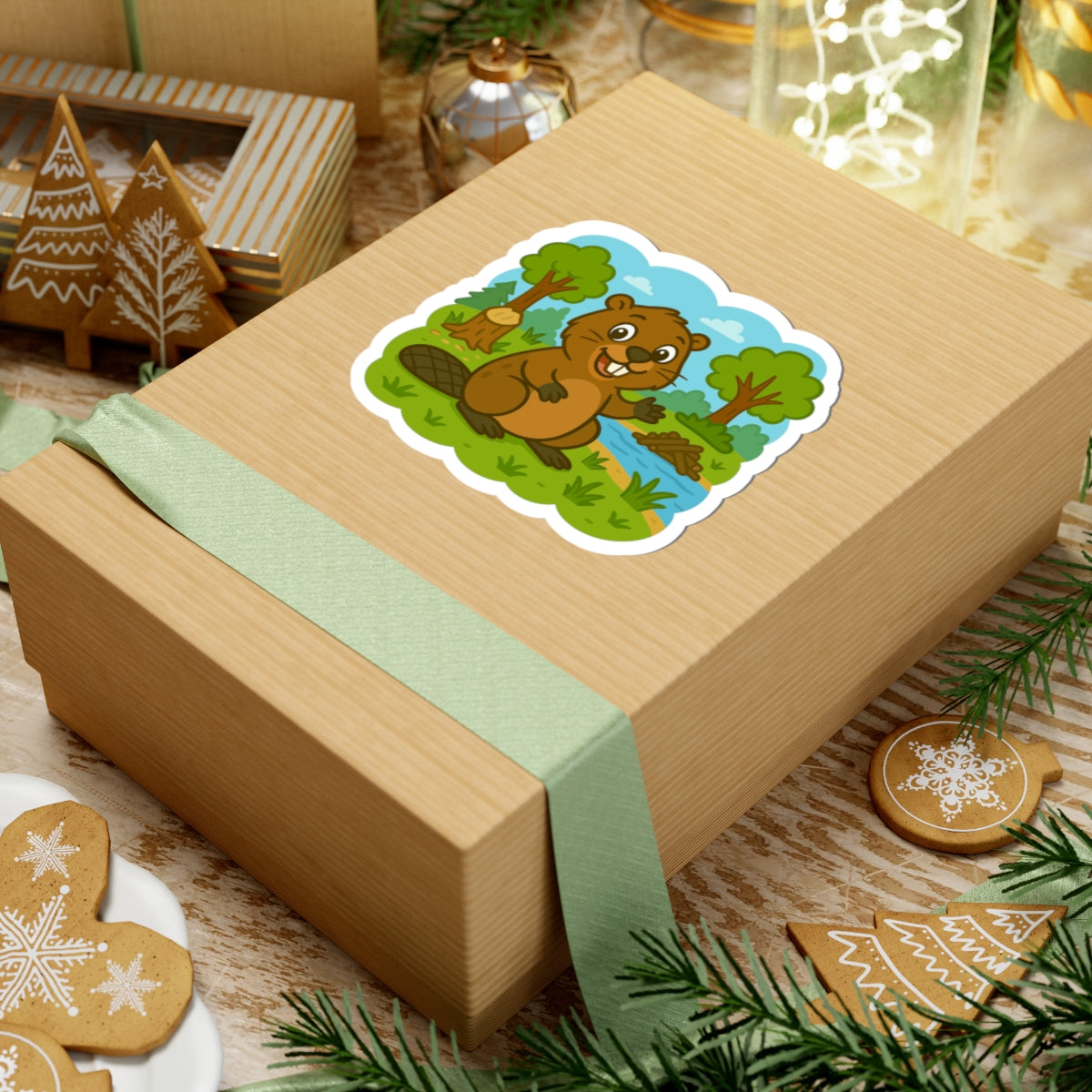 Beaver Pond Kiss-Cut Sticker – Cute Woodland Animal Laptop Decal
