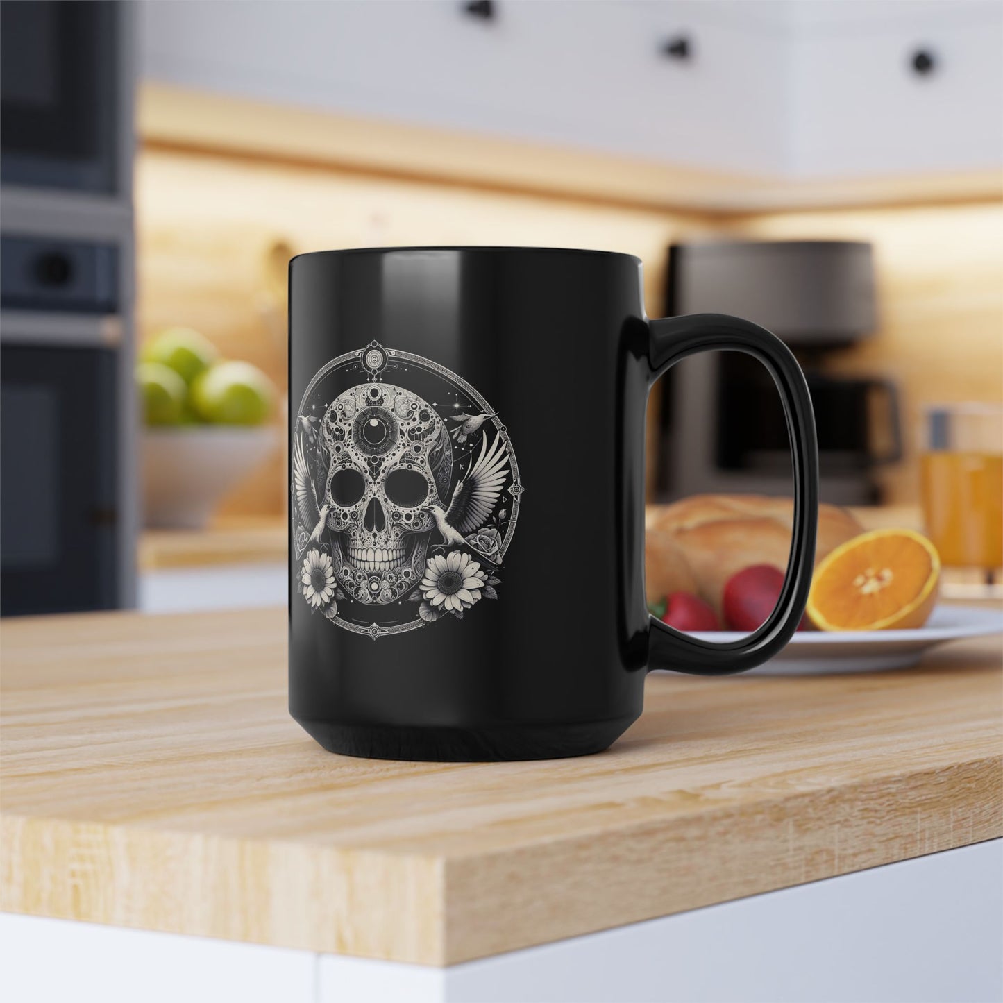 15oz Black Mug — Gothic Skull with Doves & Daisies Coffee Cup