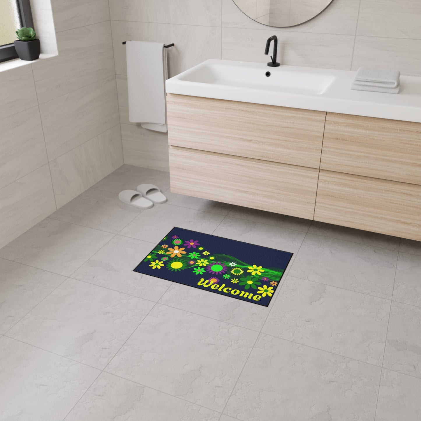 Welcome Floral Heavy-Duty Floor Mat — Colorful Spring Flowers Door Mat