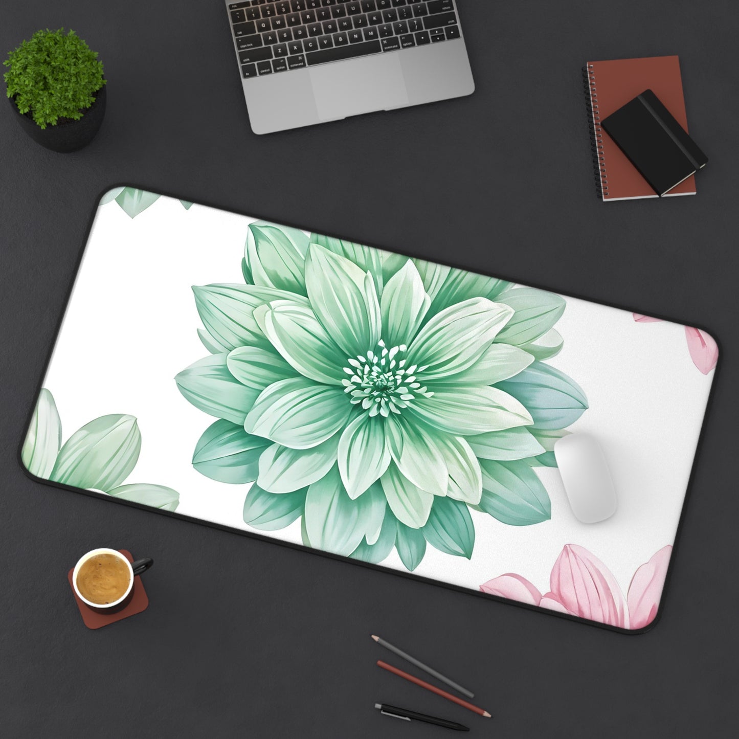 Floral Succulent Desk Mat — Green & Pink Botanical Mouse Pad